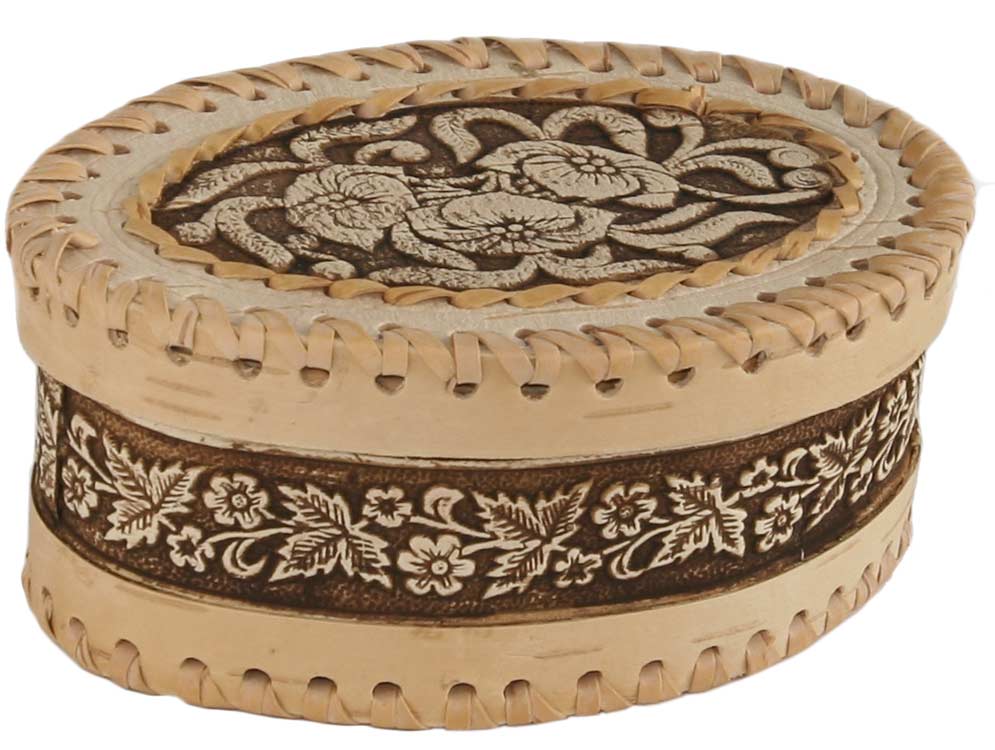 #165 A small oval box made of birch bark with the image of a bouquet of flowers a handmade wooden box will be a great gift